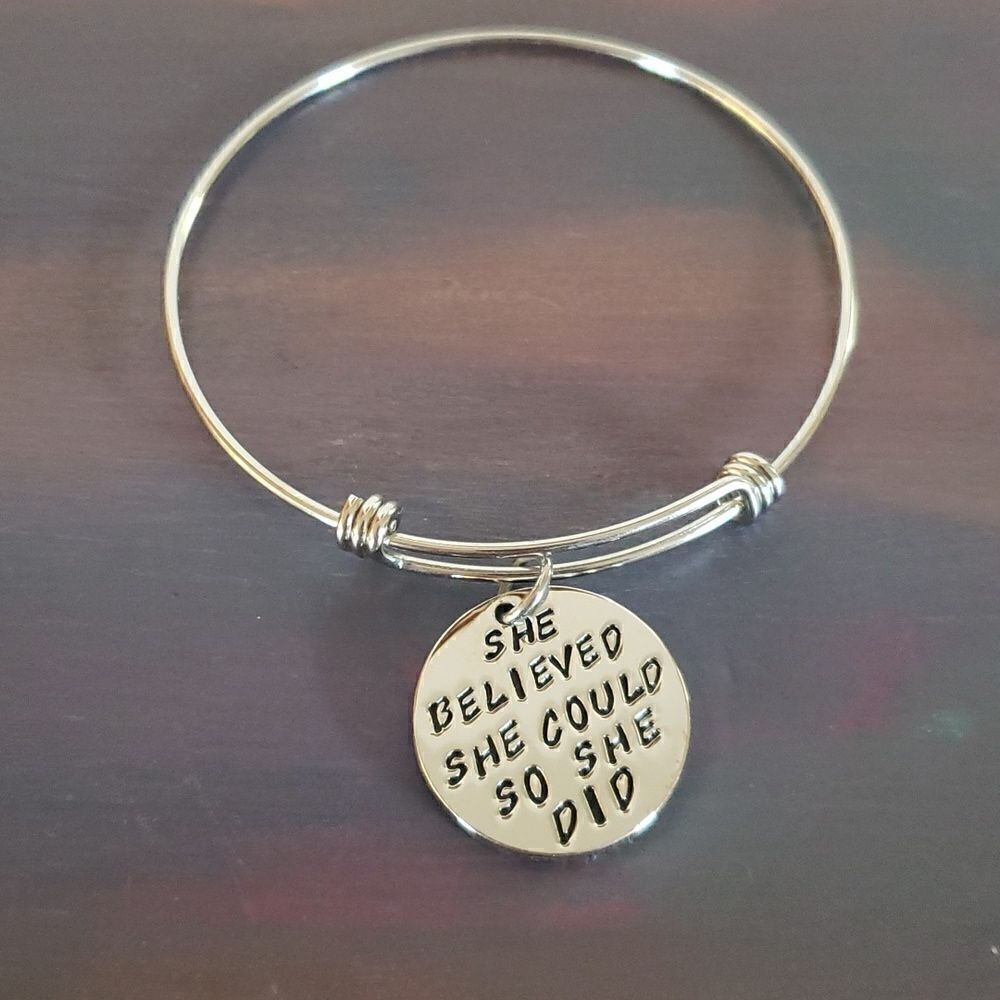 NWOT "She Believed She Could So She Did" Silvertone Wire Charm Bracelet
